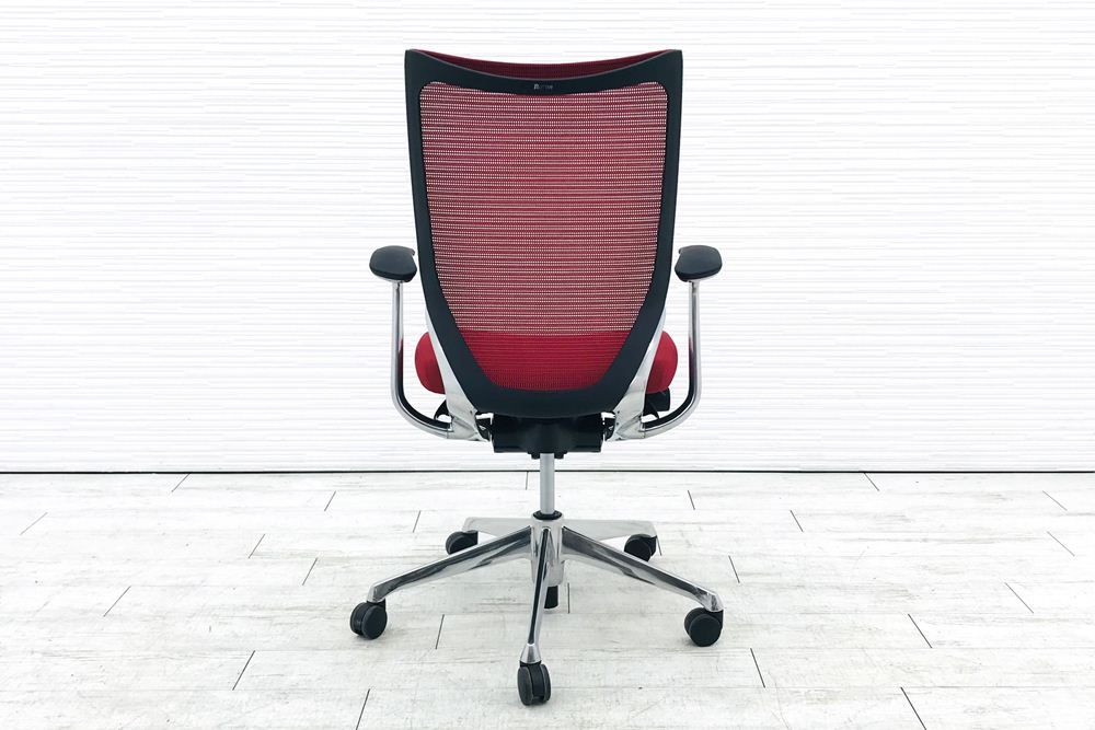 オカムラ バロンチェア ハイバック  中古 固定肘 事務椅子 OAチェア 中古オフィス家具 ポリッシュフレーム 座クッション デザインアーム レッド画像