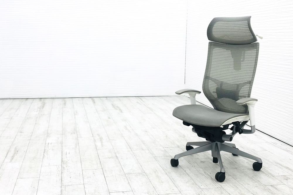 バロンチェア オカムラ エクストラハイバック メッシュ 可動肘 高機能チェア 中古オフィス家具 可動ヘッドレスト グレーの画像