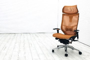 バロンチェア 2016年製 オカムラ エクストラハイバック メッシュ 可動肘 高機能チェア 中古オフィス家具 可動ヘッドレスト オレンジ画像