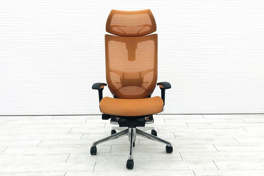 バロンチェア 2016年製 オカムラ エクストラハイバック メッシュ 可動肘 中古オフィス家具 可動ヘッドレスト ハンガー オレンジ画像