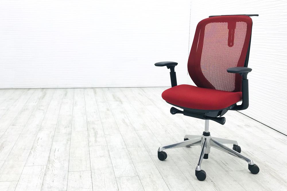 シルフィーチェア オカムラ 中古 2017年製 オフィスチェア ハイバック メッシュ 可動肘 事務椅子 中古チェア 中古オフィス家具 レッド画像