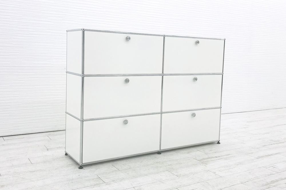 ハラーシステム USM Haller USMハラー シェルフ キャビネット 2連3段 棚 中古キャビネット ドロップダウンドア 中古オフィス家具 ホワイトの画像