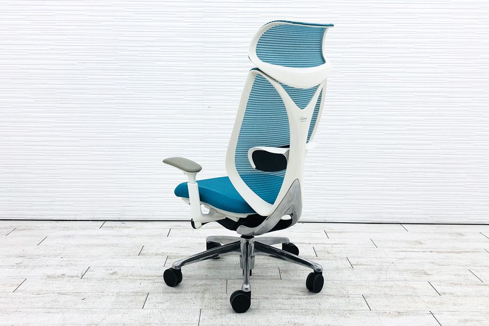 サブリナチェア オカムラ 中古 エクストラハイバック ヘッドレスト付 可動肘 ランバーサポート 中古オフィス家具 ブルーグリーンの画像