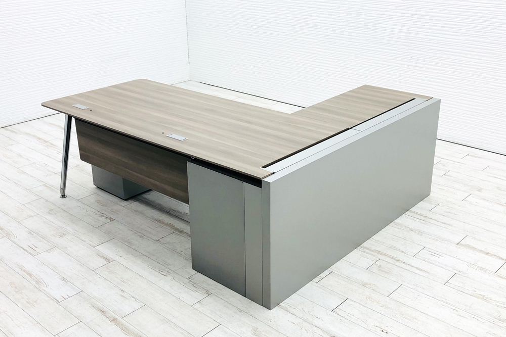 オカムラ プリシード L型デスク 中古 3段ワゴン付き エグゼクティブデスク 高級デスク 中古オフィス家具 木目天板 左ラウンド 【難あり②】の画像