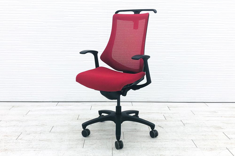 イトーキ エフチェア 中古 2017年製 クッション 固定肘 事務椅子 ITOKI 中古オフィス家具 KF-370JBH-T1M4 レッド画像