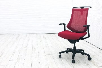 イトーキ エフチェア 中古 2017年製 クッション 固定肘 事務椅子 ITOKI 中古オフィス家具 KF-370JBH-T1M4 レッド 【背難あり】画像