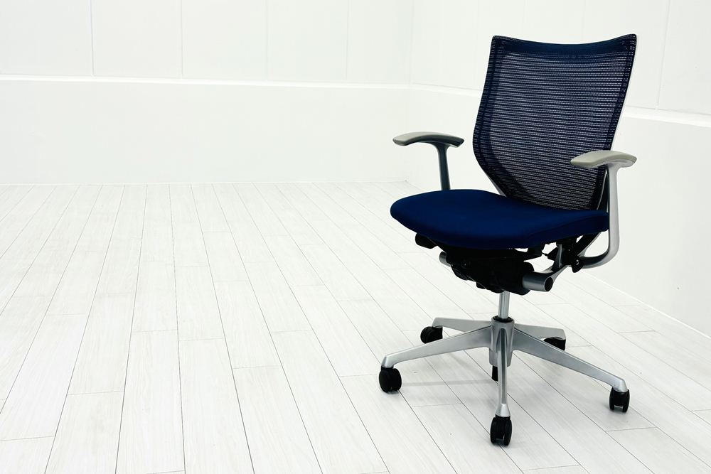 バロンチェア 中古 2021年製 オカムラ ローバック シルバーフレーム 固定肘 中古オフィス家具 ミディアムブルー CP43DW-FEF4の画像