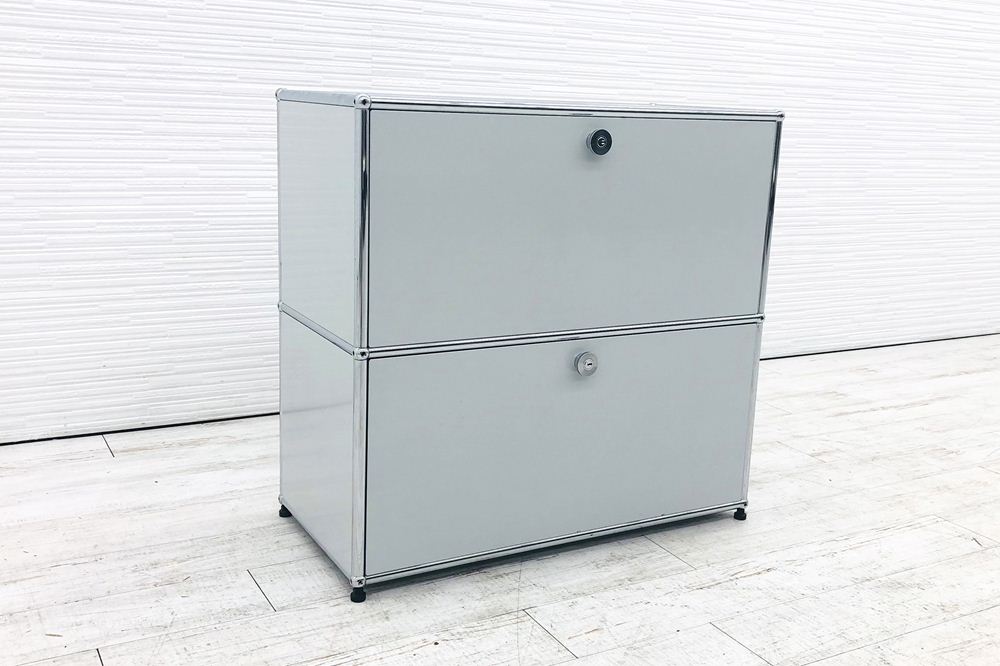 USMハラー 中古 ハラーシステム 2段キャビネット USM Haller ドロップダウン エクステンション 中古オフィス家具 ライトグレー 770/375/745 鍵無 右側パンチングパネルの画像