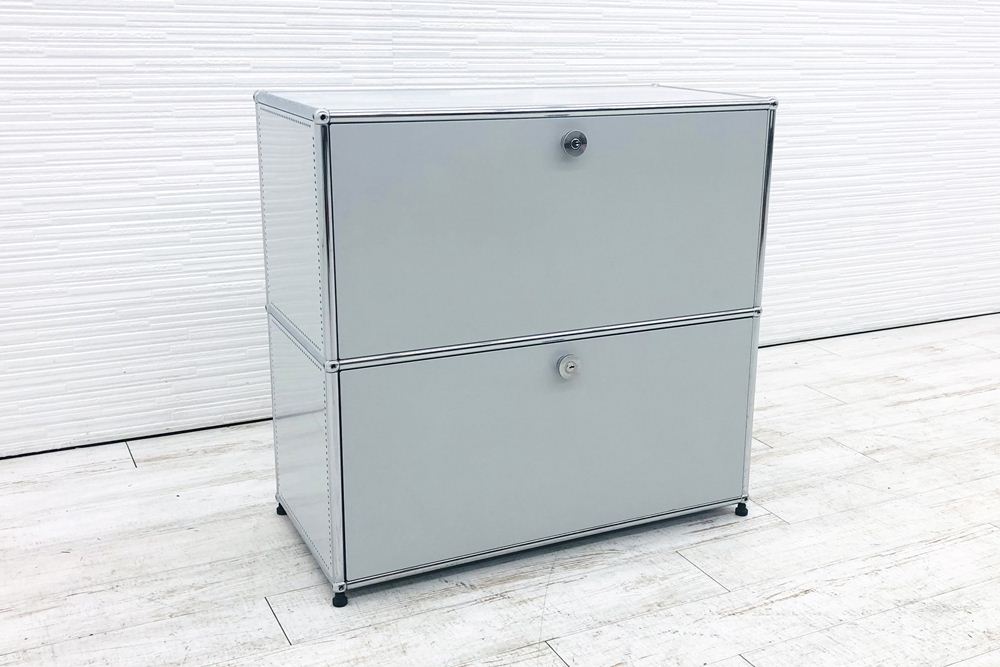 USMハラー 中古 ハラーシステム 2段キャビネット USM Haller ドロップダウン エクステンション 中古オフィス家具 ライトグレー 770/375/745 鍵付き 両側パンチングパネルの画像