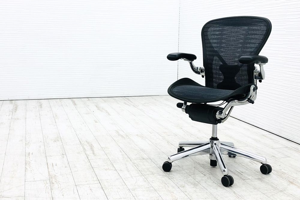 アーロンチェア 中古 Bサイズ フル装備 タキシードメッシュ ハーマンミラー Herman Miller 中古オフィス家具 肘レバー アルミ脚 【肘難あり】の画像