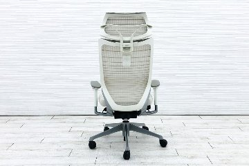 バロンチェア 2017年製 オカムラ エクストラハイバック グラデーションメッシュ 可動肘 中古オフィス家具 可動ヘッドレスト ホワイト画像