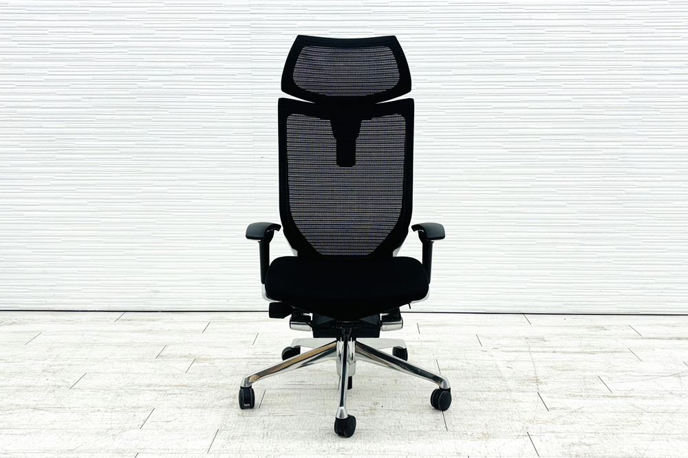 バロンチェア Baron オカムラ 2017年製 エクストラハイバック 座面クッション 可動肘 中古オフィス家具 可動ヘッドレスト ブラックの画像
