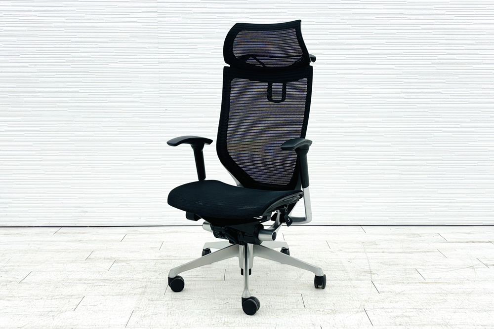 バロンチェア 中古 オカムラ Baron エクストラハイバック 座面メッシュ 可動肘 中古オフィス家具 固定ヘッドレスト シルバーフレーム ブラックの画像
