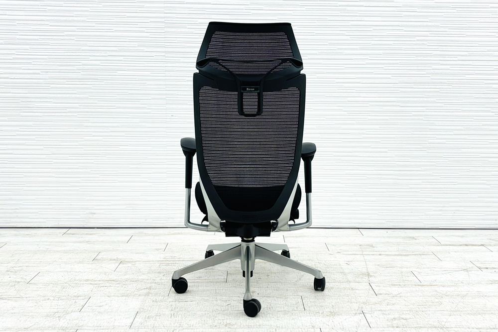 バロンチェア 中古 オカムラ Baron エクストラハイバック 座面メッシュ 可動肘 中古オフィス家具 固定ヘッドレスト シルバーフレーム ブラックの画像