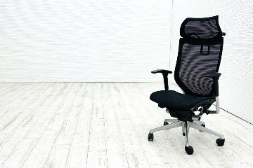 バロンチェア 中古 オカムラ Baron エクストラハイバック 座面メッシュ 可動肘 中古オフィス家具 固定ヘッドレスト シルバーフレーム ブラックの画像