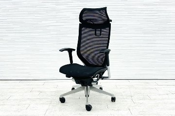 バロンチェア 中古 オカムラ Baron エクストラハイバック 座面メッシュ 可動肘 中古オフィス家具 固定ヘッドレスト シルバーフレーム ブラックの画像