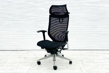 バロンチェア Baron オカムラ エクストラハイバック 座面メッシュ 可動肘 中古オフィス家具 固定ヘッドレスト シルバーフレーム ブラック画像