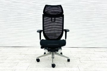 バロンチェア 中古 オカムラ Baron エクストラハイバック 座面メッシュ 可動肘 中古オフィス家具 固定ヘッドレスト シルバーフレーム ブラックの画像