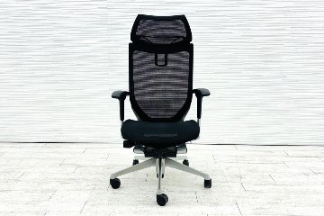 バロンチェア Baron オカムラ エクストラハイバック 座面メッシュ 可動肘 中古オフィス家具 固定ヘッドレスト シルバーフレーム ブラック画像