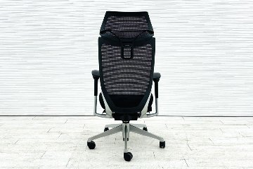 バロンチェア 中古 オカムラ Baron エクストラハイバック 座面メッシュ 可動肘 中古オフィス家具 固定ヘッドレスト シルバーフレーム ブラックの画像