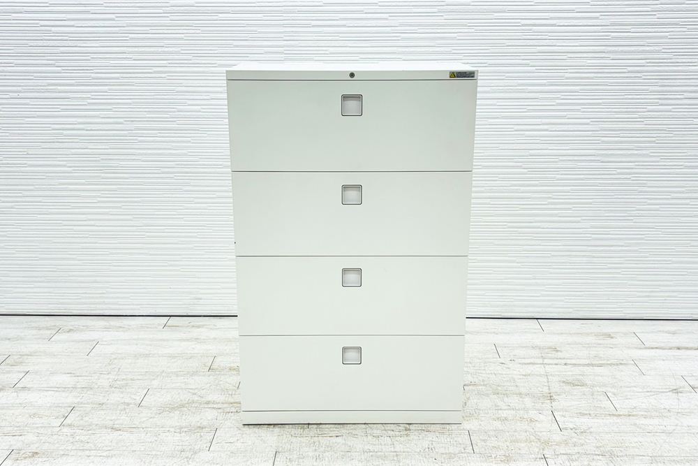オカムラ レクトライン 4段ラテラル書庫 スチール 中古 キャビネット スチール書庫 中古オフィス家具 シリンダー錠 800/400/1250 ホワイトの画像