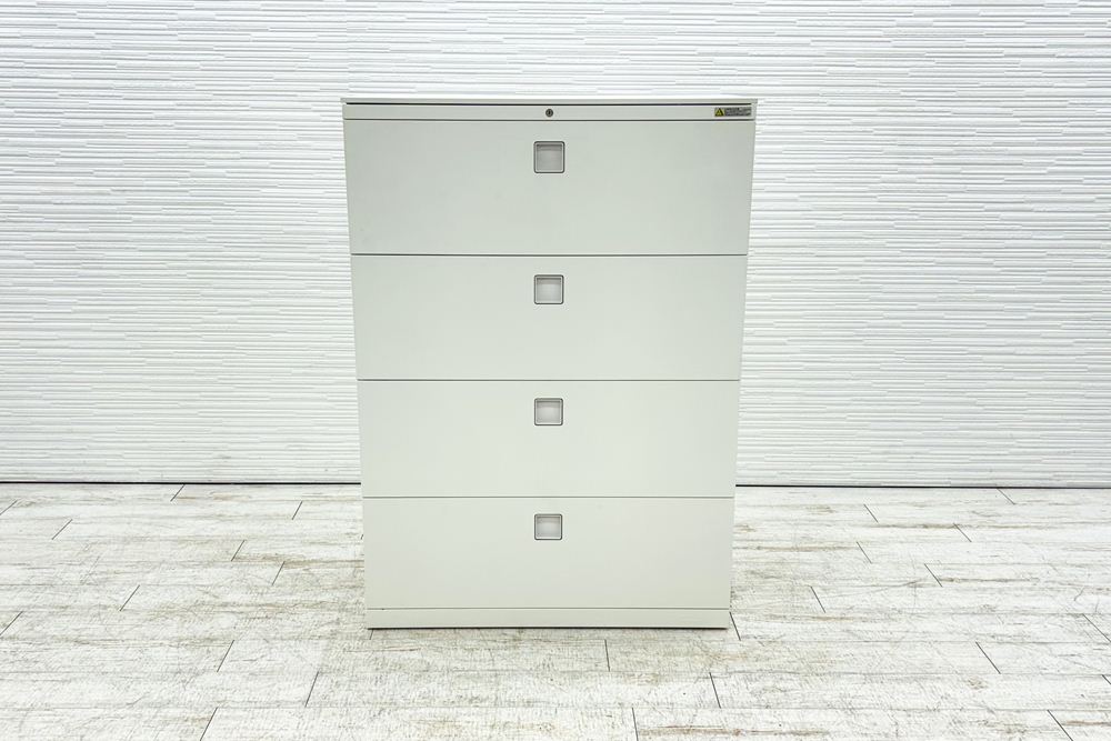 オカムラ レクトライン 4段ラテラル書庫 スチール 中古 キャビネット スチール書庫 中古オフィス家具 シリンダー錠 900/400/1275 ホワイトの画像