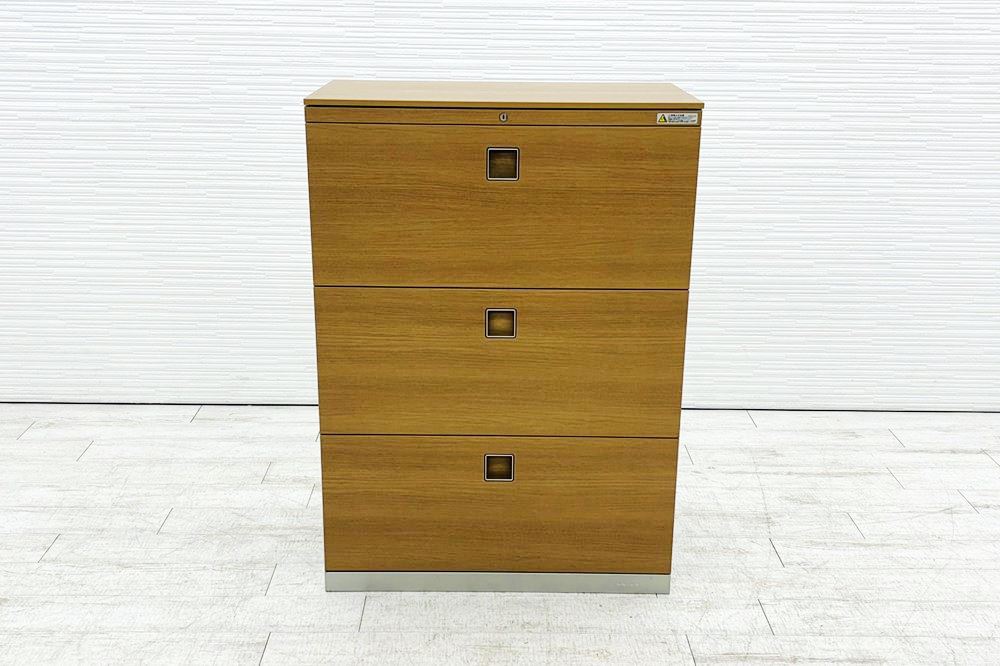 オカムラ レクトライン 3段ラテラル書庫 スチール 中古 キャビネット スチール書庫 中古オフィス家具 シリンダー錠 800/450/1120 木目の画像