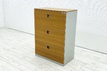 オカムラ レクトライン 3段ラテラル書庫 スチール 中古 キャビネット スチール書庫 中古オフィス家具 シリンダー錠 800/450/1120 木目の画像