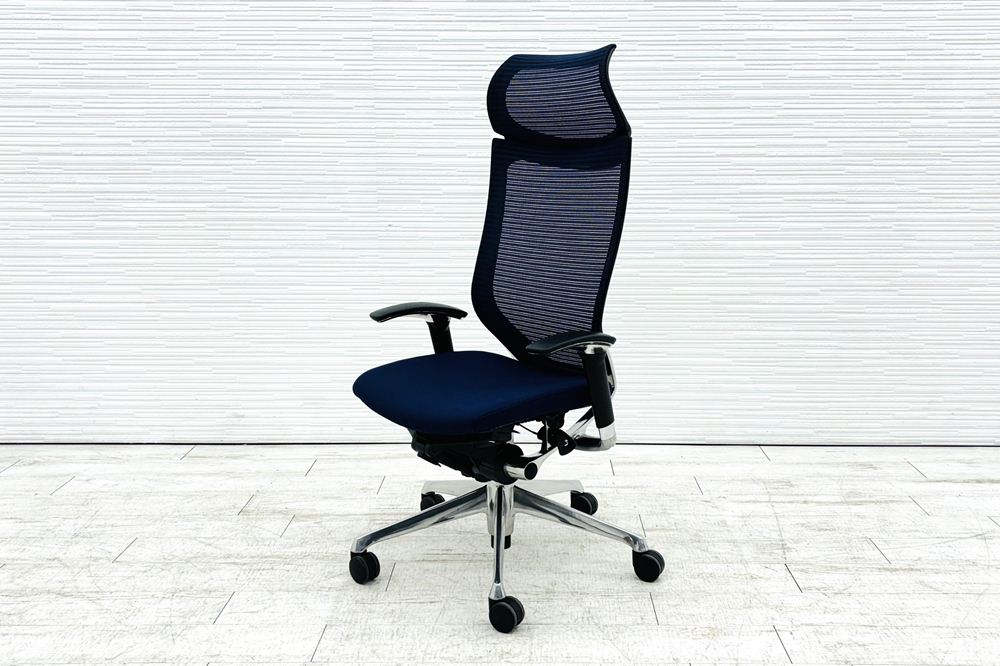 オカムラ バロンチェア 中古 Baron エクストラハイバック 可動肘 中古オフィス家具 固定ヘッドレスト ポリッシュフレーム ダークブルーの画像