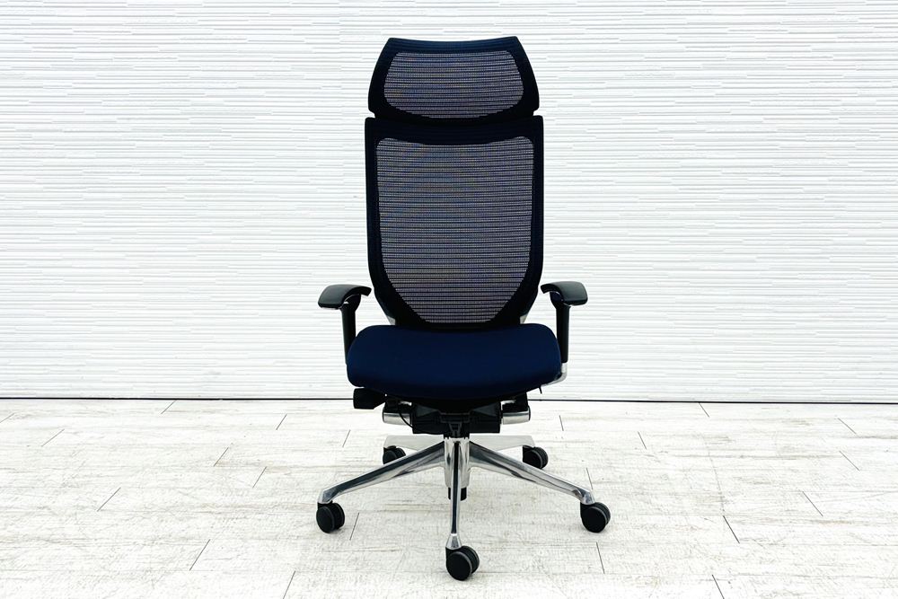 オカムラ バロンチェア 中古 Baron エクストラハイバック 可動肘 中古オフィス家具 固定ヘッドレスト ポリッシュフレーム ダークブルーの画像