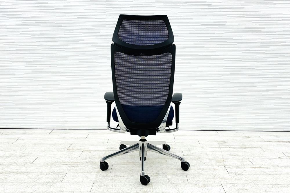 オカムラ バロンチェア 中古 Baron エクストラハイバック 可動肘 中古オフィス家具 固定ヘッドレスト ポリッシュフレーム ダークブルーの画像