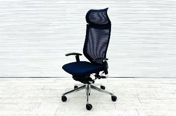 オカムラ バロンチェア 中古 Baron エクストラハイバック 可動肘 中古オフィス家具 固定ヘッドレスト ポリッシュフレーム ダークブルーの画像