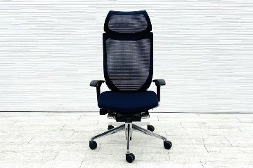オカムラ バロンチェア 中古 Baron エクストラハイバック 可動肘 中古オフィス家具 固定ヘッドレスト ポリッシュフレーム ダークブルーの画像