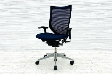 オカムラ バロンチェア 中古 可動肘(アジャストアーム) ハイバック メッシュ 中古オフィス家具 ダークブルーの画像
