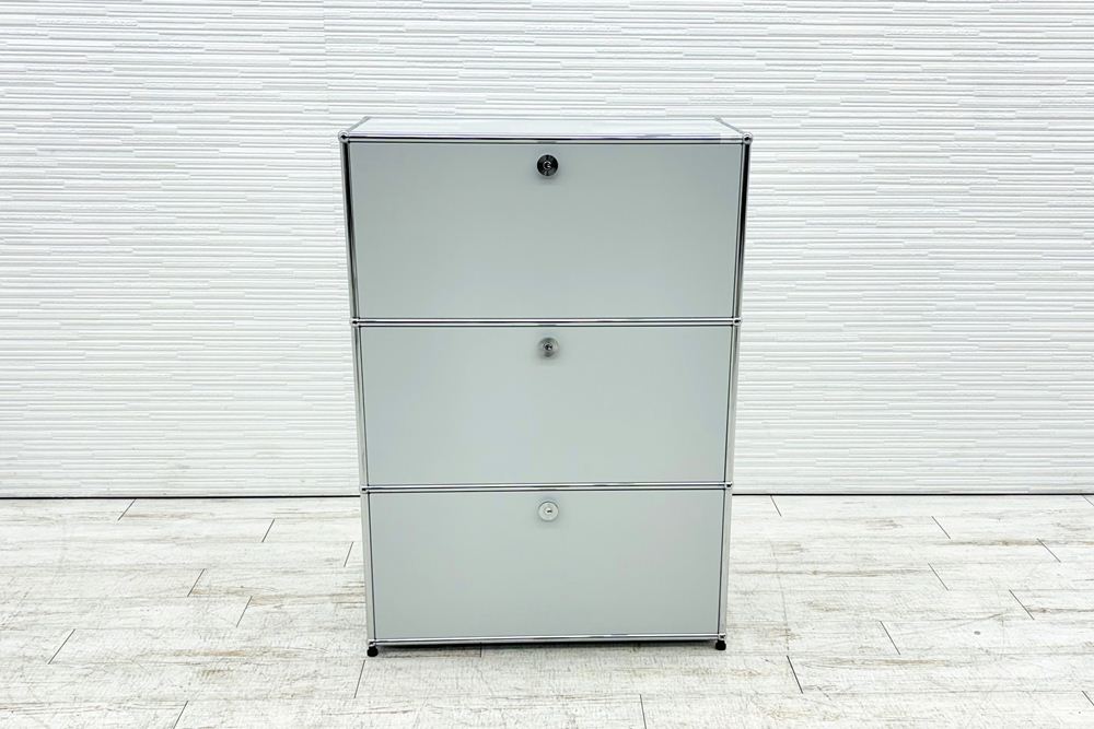 USMハラー 中古 1列3段 USM Haller ドロップダウン 中古オフィス家具 ライトグレー 770/375/1100 両側フラットパネル 鍵無の画像