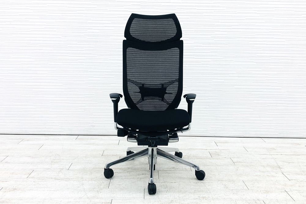 バロンチェア 中古 2018年製 オカムラ Baron ブラック 可動肘 エクストラハイバック 固定ヘッドレスト 中古オフィス家具 座クッションの画像