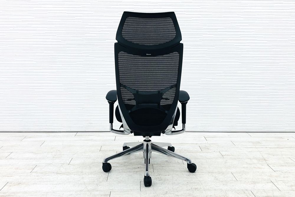 バロンチェア 中古 2018年製 オカムラ Baron ブラック 可動肘 エクストラハイバック 固定ヘッドレスト 中古オフィス家具 座クッションの画像