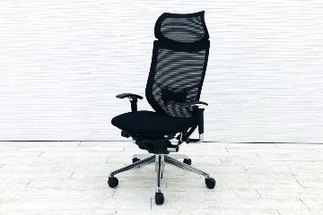 バロンチェア 中古 2018年製 オカムラ Baron ブラック 可動肘 エクストラハイバック 固定ヘッドレスト 中古オフィス家具 座クッションの画像