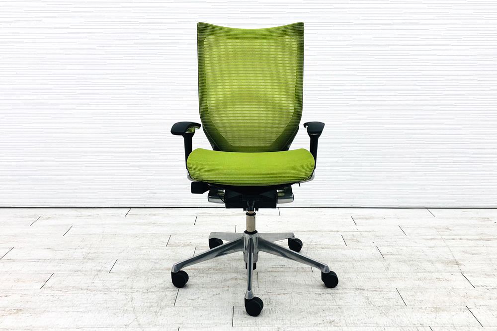 バロンチェア 中古 オカムラ Baron 可動肘 ハイバック ポリッシュフレーム 中古オフィス家具 メッシュ ライムグリーンの画像