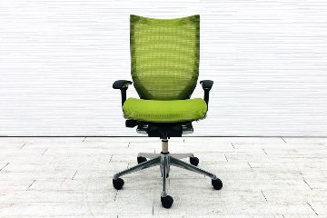 バロンチェア 中古 オカムラ Baron 可動肘 ハイバック ポリッシュフレーム 中古オフィス家具 メッシュ ライムグリーンの画像