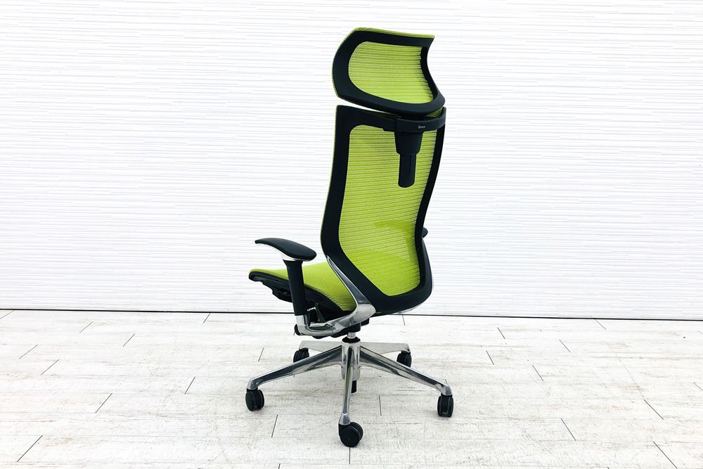 オカムラ バロンチェア 中古 エクストラハイバック Baron 可動肘  固定ヘッドレスト 中古オフィス家具 ライムグリーンの画像