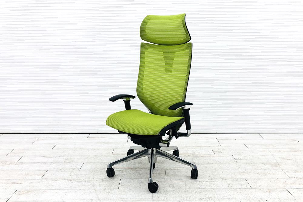 オカムラ バロンチェア 中古 エクストラハイバック Baron 可動肘  固定ヘッドレスト 中古オフィス家具 ライムグリーンの画像