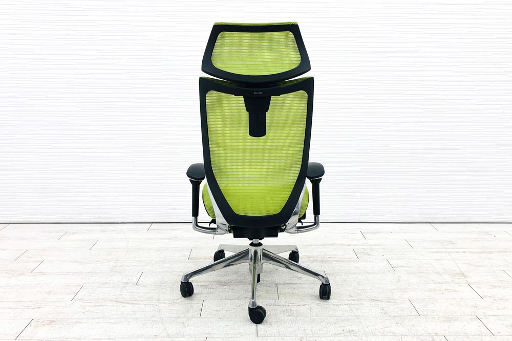 オカムラ バロンチェア 中古 エクストラハイバック Baron 可動肘  固定ヘッドレスト 中古オフィス家具 ライムグリーンの画像
