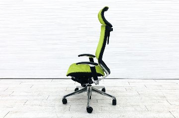 オカムラ バロンチェア 中古 エクストラハイバック Baron 可動肘  固定ヘッドレスト 中古オフィス家具 ライムグリーンの画像
