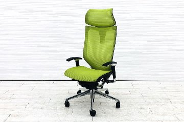 オカムラ バロンチェア 中古 エクストラハイバック Baron 可動肘  固定ヘッドレスト 中古オフィス家具 ライムグリーンの画像