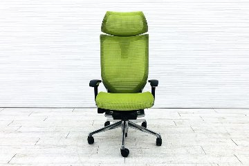 オカムラ バロンチェア 中古 エクストラハイバック Baron 可動肘  固定ヘッドレスト 中古オフィス家具 ライムグリーンの画像