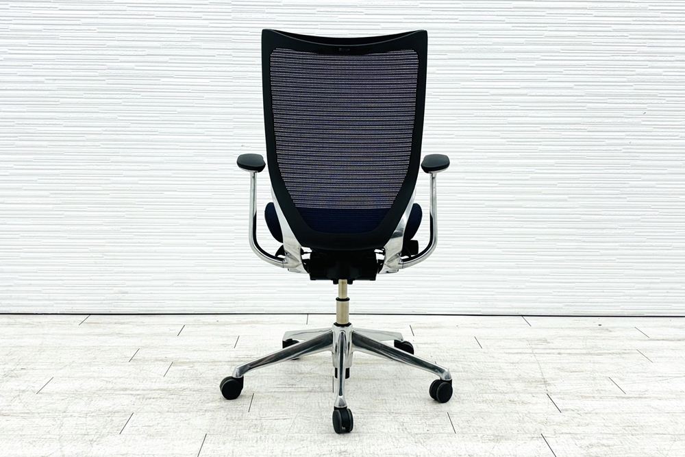 オカムラ バロンチェア ハイバックメッシュ 中古 OKAMURA Baron 中古オフィス家具 固定肘 座メッシュ デザインアーム ダークブルーの画像