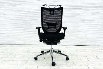 オカムラ バロンチェア 中古 2019年製 OKAMURA Baron ブラック 可動肘 ハイバック ポリッシュフレーム 中古オフィス家具 メッシュの画像