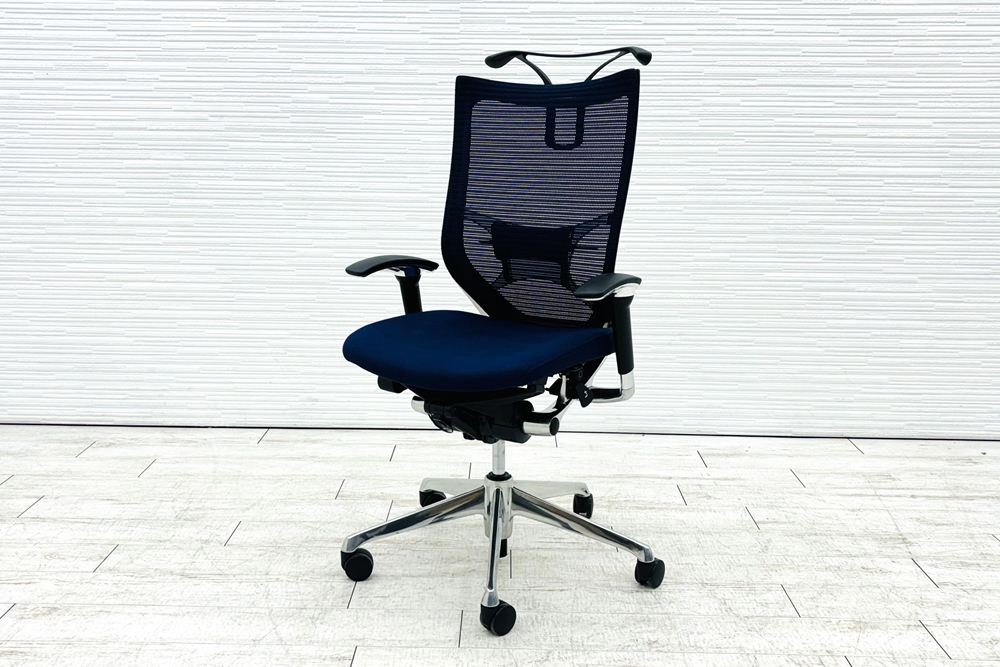 オカムラ バロンチェア 中古 2017年製 可動肘(アジャストアーム) ハイバック 座クッション 中古オフィス家具 ダークブルー OKAMURA Baronの画像