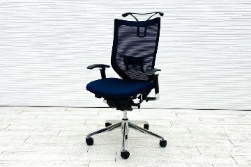 オカムラ バロンチェア 中古 2017年製 可動肘(アジャストアーム) ハイバック 座クッション 中古オフィス家具 ダークブルー OKAMURA Baronの画像
